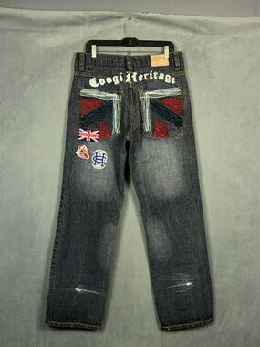Y2K Coogi Baggy Jeans Mens Size 36x34 Actual 32x33 Embroidered Patches Hip Hop